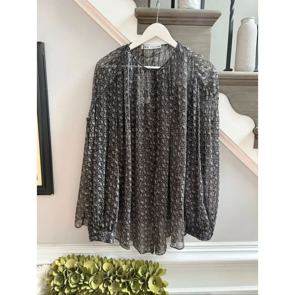 Zara Sheer Black Paisley W/Golf Fleck Button Front Collarless Blouse sz XXL NWT